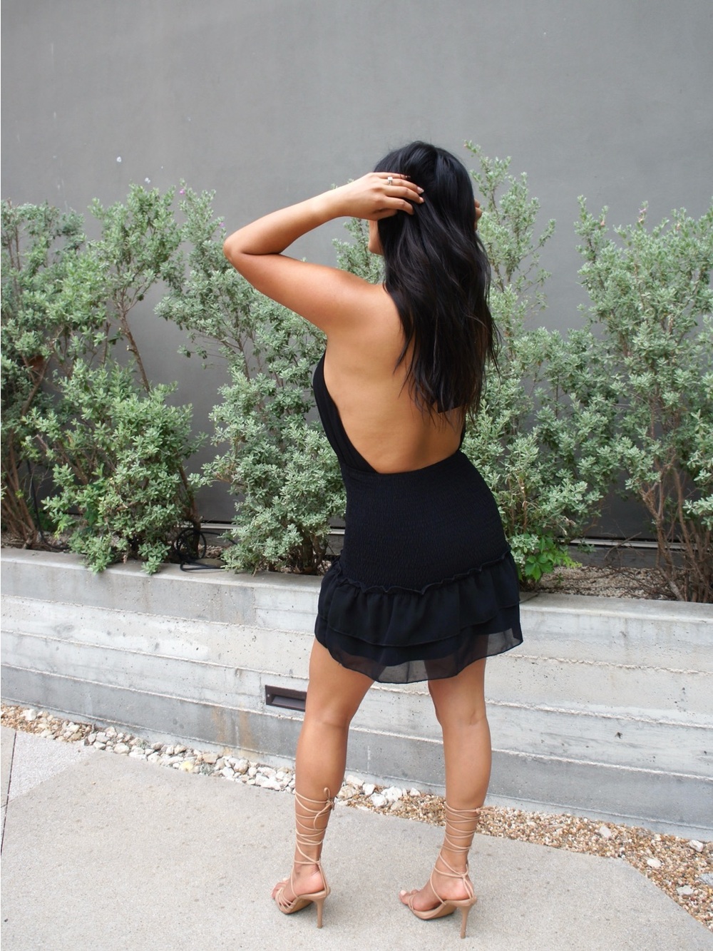 Black Halter Mini Dress with Smocked Waist - Picture 4 of 5